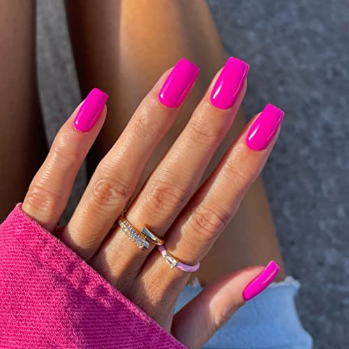 Hot Pink Press on Nails Medium Length,Xcreando Square Fake Nails Kit Acrylic Set,Summer Nails Glue on Natural Short Press on Nails Acrylic,Glue on Nails for Women24PCS