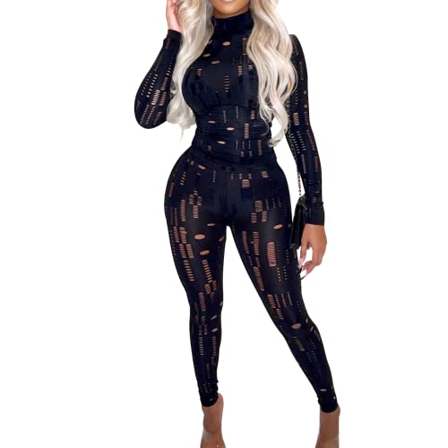 Sexy 2 Piece Outfits for Women Party Club Night, Sheer Mesh Hollow Out Long Sleeve Crop Top and High Waist Bodycon Pants Set Black S