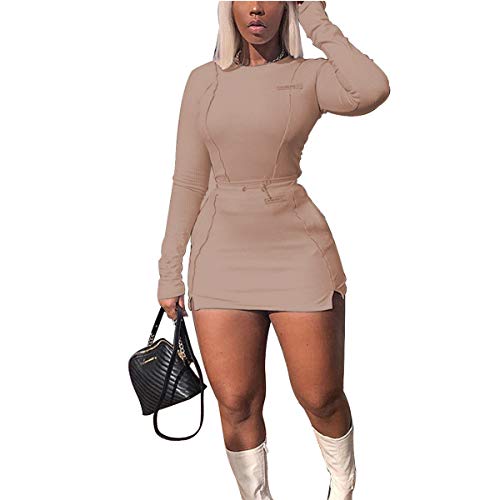 LuFeng Women's Sexy Fashion Reflective Striped long Sleeve 2 Piece Outfits Crop Top and Mini Bodycon Skirt Set (L, Khaki)