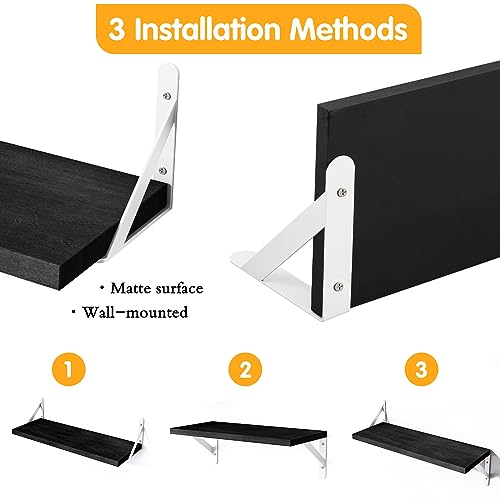 YGEOMER Floating Shelves, Rustic Wood Shelves, 4 Sets of Wall Mounted Shelf for Bathroom Decor, Bedroom, Living Room and Plants (Black and White Bracket)