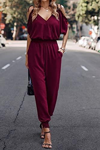 PRETTYGARDEN Jumpsuit for Women Casual Wrap V Neck Cold Shoulder One Piece Outfits Pants Romper (Wine Red,Large)