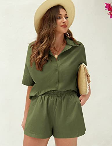 IN'VOLAND Women's Plus Size 2 Piece Outfits Short Sleeve Blouse and Shorts Set Cotton Linen Set Casual Tracksuits Loungewear with Pockets Green,22W