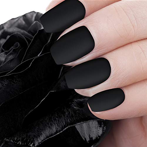 48 Pcs Halloween False Nails Short Coffin Press on Nails Full Cover Square False Nails Artificial Nail Tips Art with 4 Pieces Nail Glue Nail Files and Wooden Stick for Women and Girls (Black)