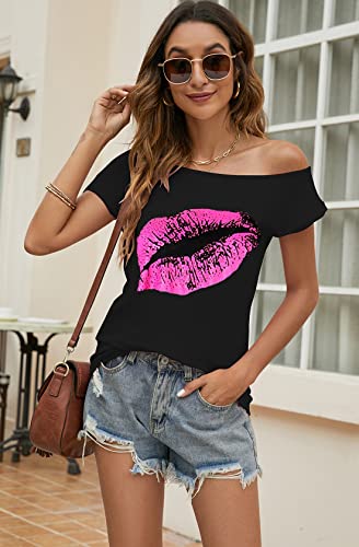 Halife Women's 80s Clothes Sexy Lips Print Off The Shoulder Tops Short Sleeve Loose Fit Tee Shirts Black M