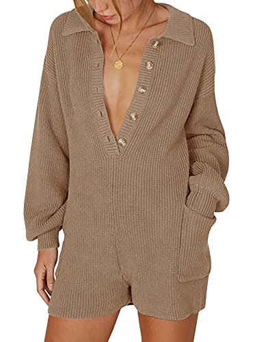 Tymidy Long Sleeve Jumpsuit for Women Knit Sweater Rompers Sexy Low Cut V Neck Button Down Fall Outfits Lounge Romper with Pockets