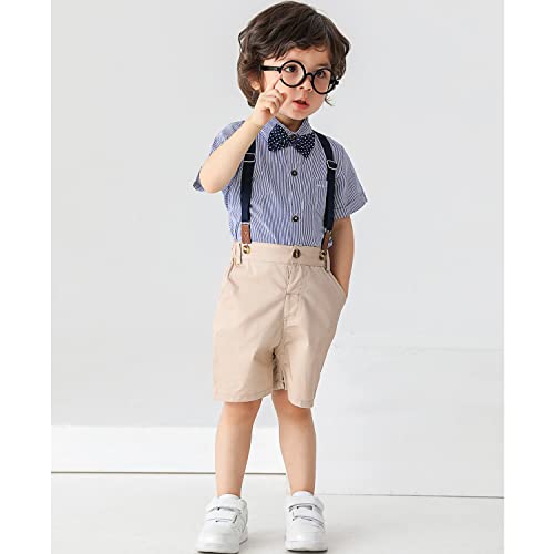 Baby Boys Gentleman Outfits Suits, Infant Blue Shirt+Bib Shorts+Tie+Suspenders Clothing Set,6-9M