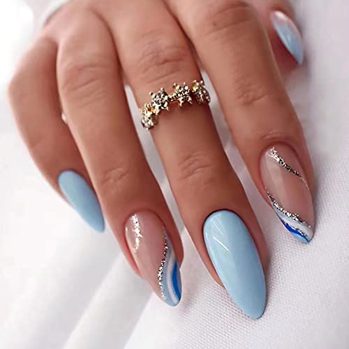 Blue French Tip Press on Nails Almond Shape Fake Nails Full Cover Glossy Acrylic Nails White And Blue Line Nails With Glitter Design Medium Length Artificial Nails Stick on Nails for Women and Girls