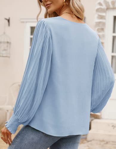 Work Blouses for Women Office V Neck Chiffon Pleated Balloon Long Sleeve Shirts Elegant Dressy Business Casual Tops Professional Wear Outfits Fall Fashion 2023 Grey Blue