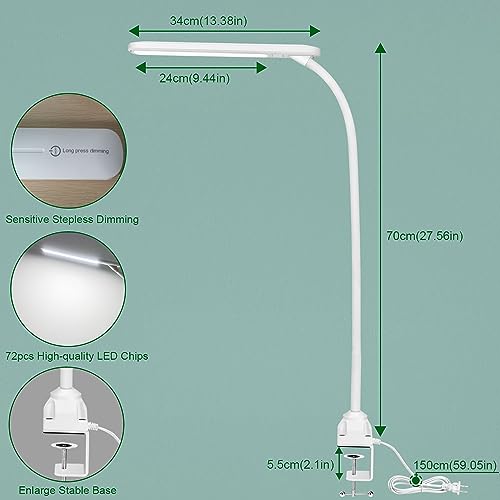 Hanbaak LED Desk Lamp with Clamp, Flexible Gooseneck Clamp Lamp, Touch Control, Stepless Dimmable Table Light for Reading Working, 13W White