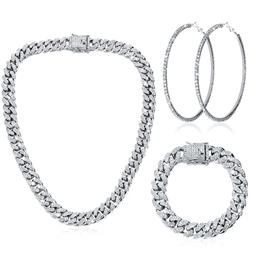 Cuban Link Chain Necklace Bracelet Rhinestone Hoop Earrings Set Bling Necklace Bracelet Crystal Big Circle Earrings for Girls (Silver,18 Inch)