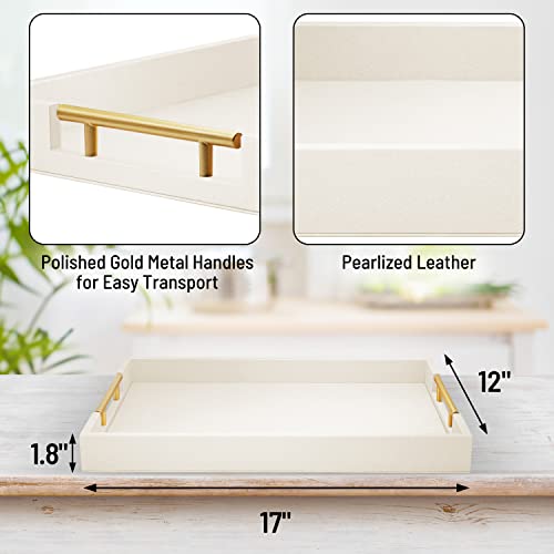 17" x 12" Wood Serving Tray with Gold Polished Metal Handles, Home Decorative Wooden Rectangle Ottoman Decor Platter Bathroom Vanity Tray for All Occasions White