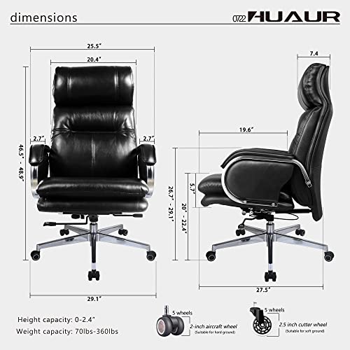 HUAUR Genuine Leather Modern Executive Chair High-Back Support 90 to 150 Degrees Tilt and Upholstered Home Desk Chair with Base 360LB Capacity Swivel Computer Office Chair (Black)