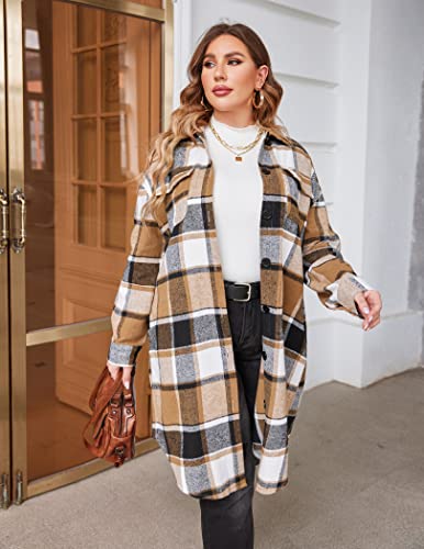 IN'VOLAND Womens Flannel Plaid Shirts Plus Size Long Sleeve Lounge Khaki Brown Long Button Down Jacket Shacket Coats 16W