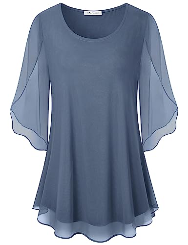 SeSe Code Chiffon Blouses for Women Business Casual,Womens Blouses and Tops Dressy Half Sleeve Shirts Crew Neck Elegant Tops Summer Trendy 2022 Blue Grey XL