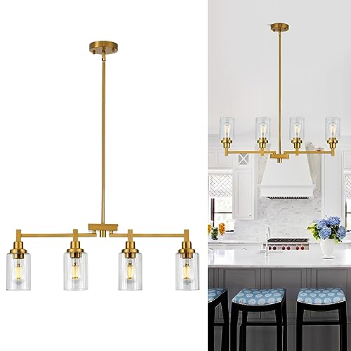 4-Lights Kitchen Island Lighting, Dining Room Chandelier Light Fixtures Over Table, Modern Linear Chandeliers with Fluted Clear Glass Shade Brushed Brass Ceiling Hanging for Living Room Bar Restaurant