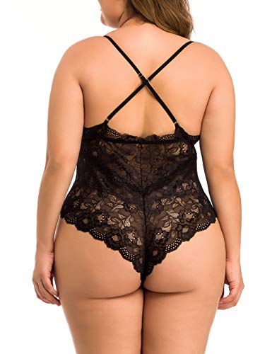 XAKALAKA Women Plus Size Lace Bodysuit Teddy Lingerie One Piece Babydoll Clubwear Black XXL