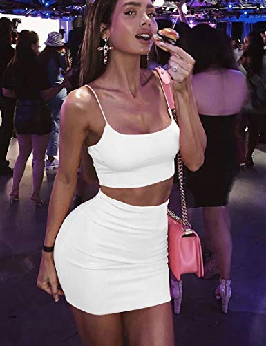 Kaximil Women's Summer 2 Piece Outfits Cami Crop Top Bodycon Skirt Mini Club Dress, Large, White