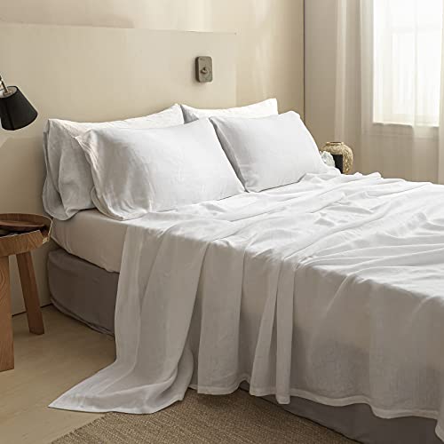Simple&Opulence 100% Linen Sheet Set Solid Color- 6 Pcs Washed French Flax Bed Sheets (1 Flat Sheet, 1 Fitted Sheet, 4 Pillowcases) - Breathable Home Collection (Basic White, Queen)