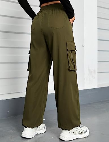 BMJL Womens Cargo Pants Wide Leg Hiking Pants Y2K High Waisted Amry Green Baggy Pants Parachute Trendy Pants with Pockets (Green, L)