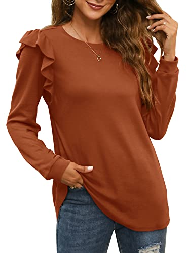 Dofaoo Womens Long Sleeve Tops Lightweight Fall Outfits for Women 2023 Caramel XXL