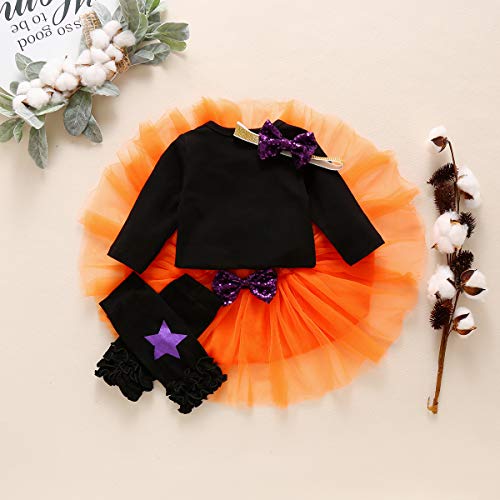 Guodeunh Baby Girl Halloween Thanksgiving Outfits Costume My 1st Halloween Pumpkin Romper+Tutu Skirt+ Striated Leg Warmer+ Headband (0-3 Months, Hocus Pocus)