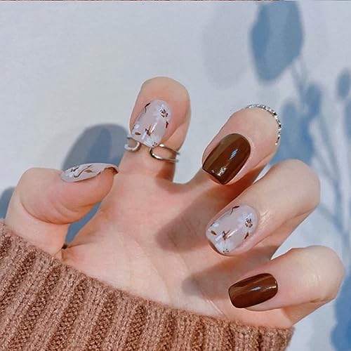 Fall Press on Nails Short Square Fake Nails Wine Red False Nails Full Cover Stick On Nails Cute Autumn Winter False Nails With Designs Acrylic Nails For Women And Girls DIY Art Manicure