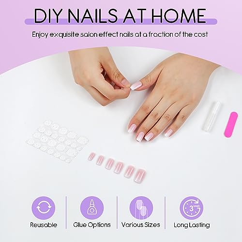 Kugge Short Press On Nails Square, 24PCS Nude White Ombre French Fake Nails Kit with Nail Glue and Adhesive Jelly Glue, Gel Made Reusable Glue On False Nails for DIY Manicure at Home(Short Square Pink White Ombre)