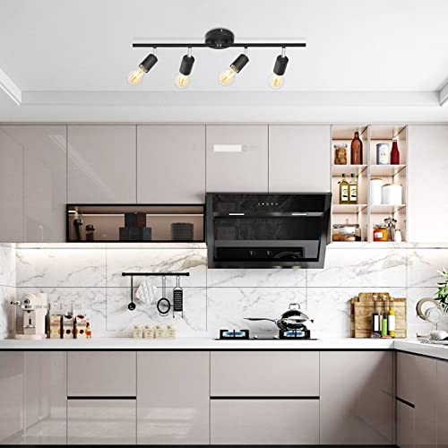 Kimjo 4-Light Track Lighting Fixtures Ceiling, Flush Mount Black Track Light Kit with Rotatable E26 Light Heads, Directional Kitchen Ceiling Spotlight for Office, Dining Room, Closet, Studio