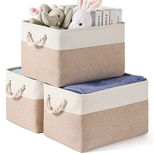 Storage Bins 3 Pack, Fabric Storage Basket for Collapsible Large Canvas Storage Baskets for Organizing Shelf Nursery Home Closet with Cotton Rope Handle 15(L) x 11(W) x 9.5(H) inch(White&Khaki-3PCS)