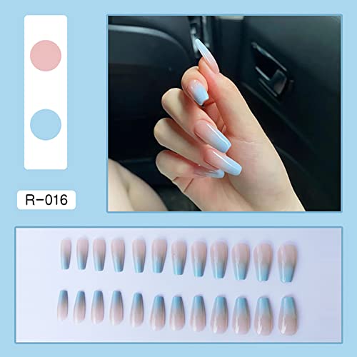 Press on Nails Coffin Medium Fake Nails Light Blue Gradient False Nails with Minimalist Design Full Cover Glossy Acrylic Nails Cute Artificial Nails Stick on Nails for Women Manicure Decoration 24Pcs