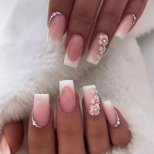 24 Pcs Medium Square Fake Nails French Tip Press on Nails, Glossy Glue on Nails Full Cover False Nails with Rhinestones & Flowers Designs Medium White Nail Tips Pink Acrylic Nails for Women Girls