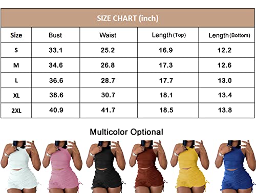 Summer Two Piece Outfits for Women, Casual Stretchy Ribbed Tank Crop Top Drawstring Ruched Shorts Set Workout Tracksuits (Black,L)