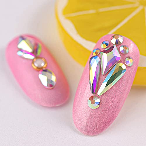 Multi Shapes 3D Glass AB Crystal Nail Art Rhinestones Kit with Flatback Round Bead Charm Gem Stone Jewelry Diamond with Pickup Pen + Tweezer for Manicure Craft Decoration by BELLEBOOST (Iridescent)