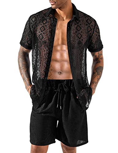 LecGee Mens Beach Sets Lace Short Sleeve Tracksuit Casual Shirt Shorts Fashion Summer Two Piece Outfits(Black,Medium)