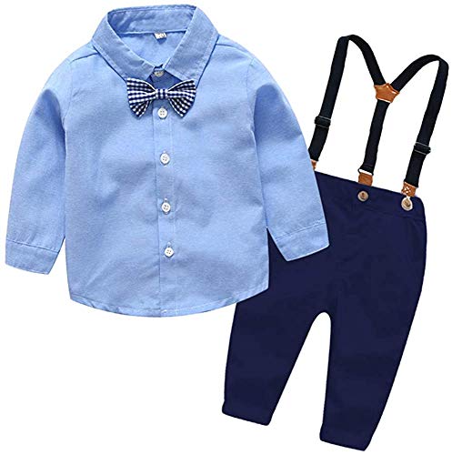 SALNIER Toddler Dress Suit Baby Boys Clothes Sets Bowtie Shirts + Suspenders Pants 3pcs Gentleman Outfits Suits 6 Month - 6 Years (Blue005 12-18M)