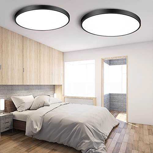 2 Pack LED Flush Mount Ceiling Light Fixture, 12 Inch 24W, Modern Flat Black Ceiling Lighting Fixture, 5000K Daylight White, 3200LM Low Profile Ceiling Lamp for Bedroom, Living Room, Hallway, Kitchen