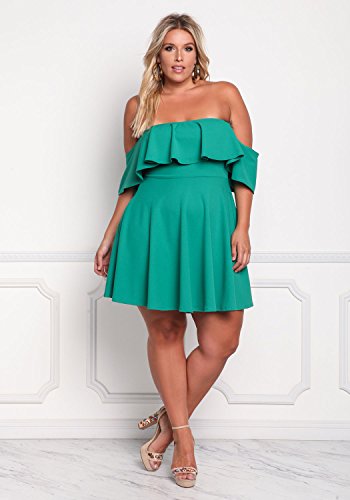 ROSIANNA Women's Off Shoulder Strapless Ruffle Mini Plus Size Swing Dresses (Green, XXL)