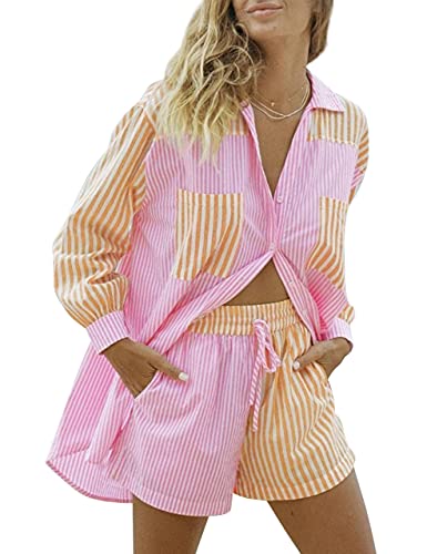 SAFRISIOR Women’s 2 Piece Casual Tracksuit Outfit Sets Stripe Long Sleeve Shirt And Loose High Waisted Mini Shorts Set (Medium, Pink&Yellow, m)