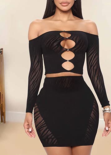 MOEENCN Sexy Two Piece Outfit Skirt Sets, Mesh Perspective Splice Hollow Out Off Shoulder Long Sleeve Dress Set for Party Club Night Black XL