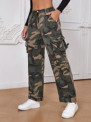 Verdusa Women's Drawstring Waist Camo Print Cargo Pants Loose Long Trousers Camo Green M