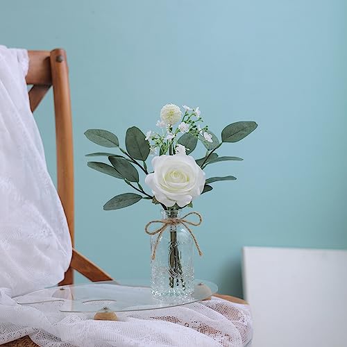 YXZZWL Faux Flowers with Bud Vase,Mini Artificial Silk Roses and Fake Eucalyptus in Glass Vase for Wedding Party Dining Table Centerpiece Decorations Office Farmhouse Home Decor (White)