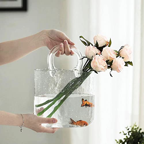 Hewego Clear Glass Vase with Elegant Purse Design,Glass Purse Vase with Handle and Bubbles Within Flower Vase,Glass Bag Vase,Clear Purse Vase for Flowers/Home Décor (1 Clear Vase)