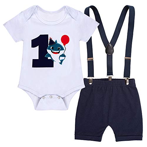 Baby Shark First Birthday Outfit Boy Gifts Funny Bowtie One Year Old Boys Romper Bodysuit Set (Shark, 12-18 Months)