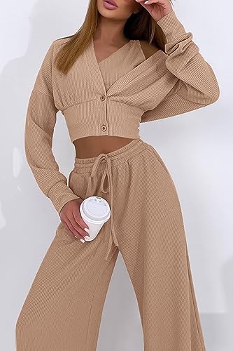 PRETTYGARDEN Womens 2023 Fall Track Suits 3 Piece Outfits Matching Sets Ribbed Knit Cardigan Cropped Tank Tops Wide Leg Pants (Khaki,Small)