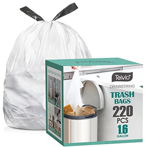 1.6 Gallon/220pcs Strong Drawstring Trash Bags Garbage Bags by Teivio, Bathroom Trash Can Bin Liners, Code b fit 6 Liter, Small Plastic Bags for home office kitchen