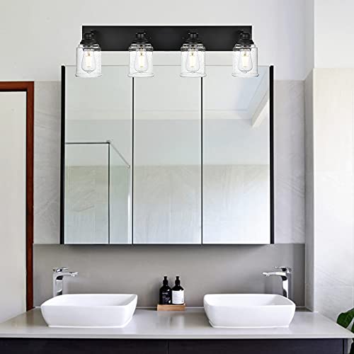 OULOK Black Vanity Lights 4-Light Modern Farmhouse Wall Lighting Fixtures with Seeded Glass Shades Industrial Bathroom Wall Sconces