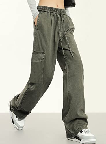 Dokotoo Womens 6 Pockets High Waisted Wide Leg Cargo Pants Baggy Casual Combat Military Pants Green