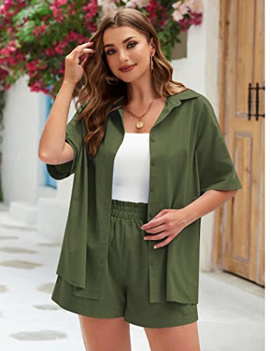 IN'VOLAND Women's Plus Size 2 Piece Outfits Short Sleeve Blouse and Shorts Set Cotton Linen Set Casual Tracksuits Loungewear with Pockets Green,22W