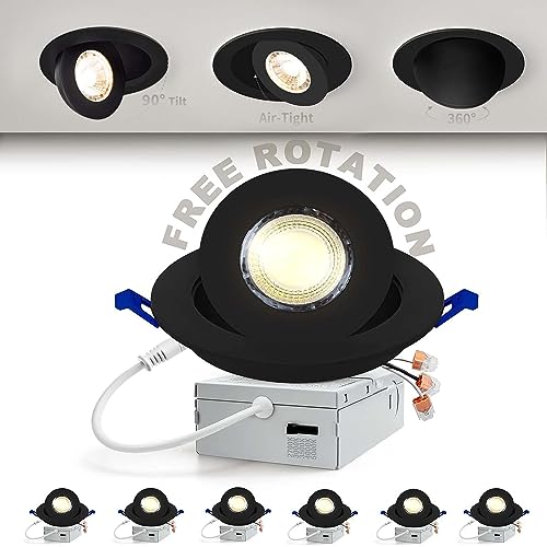 Adetu 4 Inch Gimbal Black Led Recessed Light, 360°+90° Adjustable Directional Recessed Lighting, 2700K/3000K/3500K/4000K/5000K Dimmable Retrofit Eyeball Can Light with Jbox,ETL（Black，6 Pack）