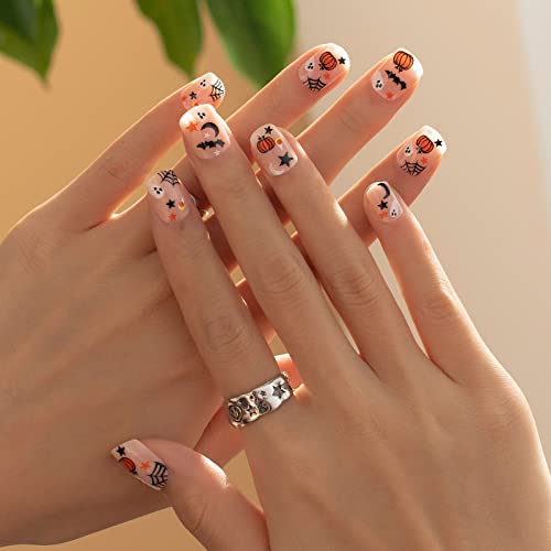 Halloween Fake Nails Short Square Cute Ghost Press on Nails Full Cover Stick on Nails with Pumpkin Moon Star Design False Nails Fall Thanksgiving Glossy Artificial Nails Acrylic Nails for Women Girls